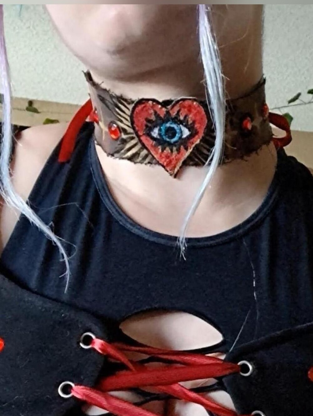"Sacred Heart" Handmade Denim Rhinstone Gothic Ribbon Choker